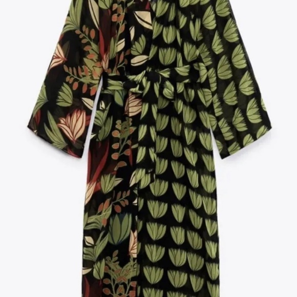 Zara Woman Long Loose-Fitting Shirt Dress With Belt Green - Picture 5 of 5